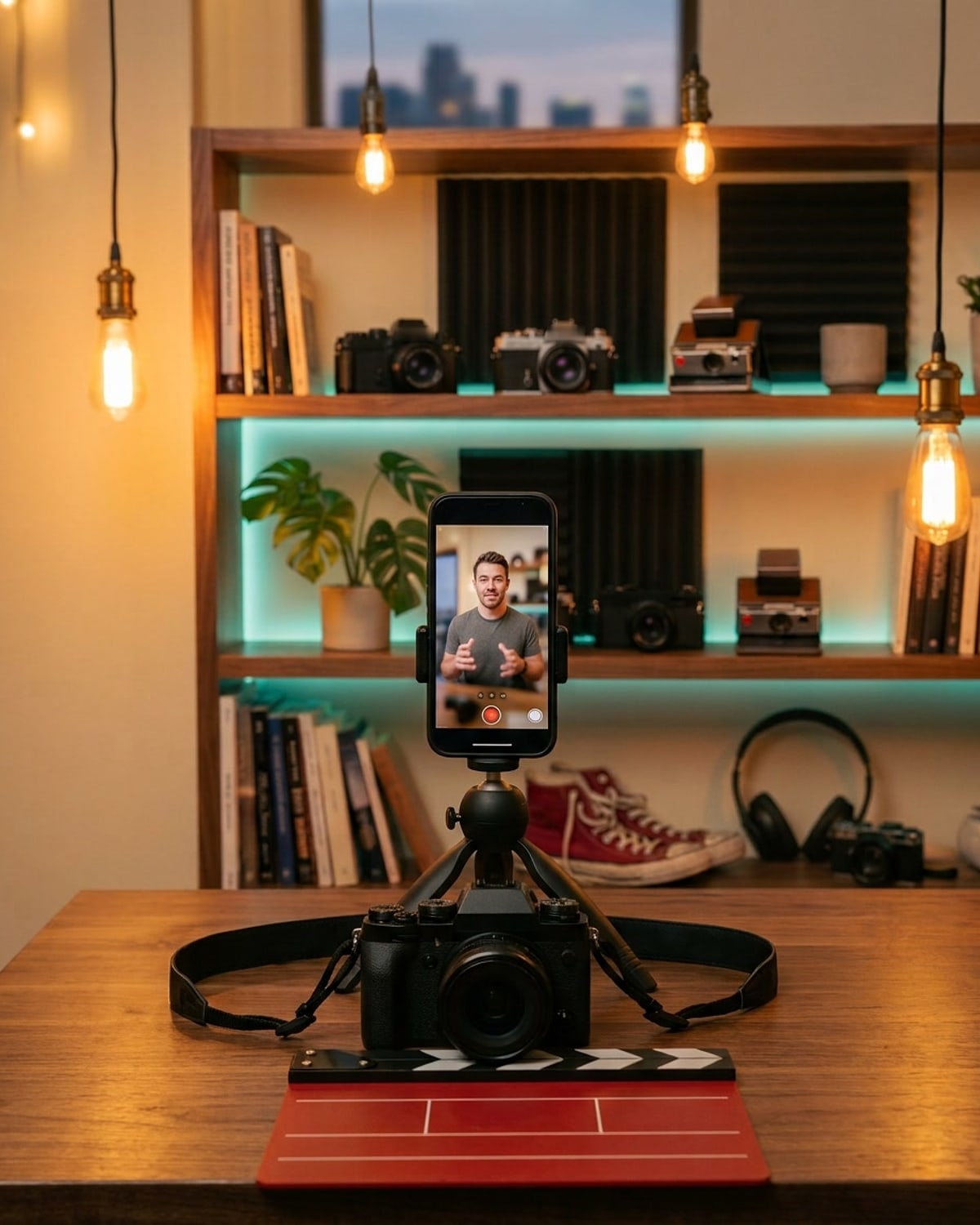 Kleines Studio: Handy auf dem Stativ, Kamera und Filmklappe auf dem Tisch